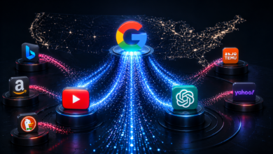 Glowing 3D icons of major tech platforms connected to a central Google logo over a map of the United States