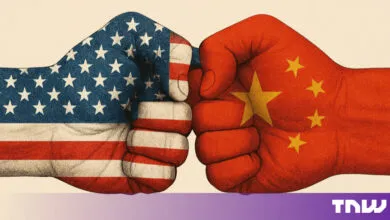 Two clenched fists painted with the American and Chinese flags confronting each other.