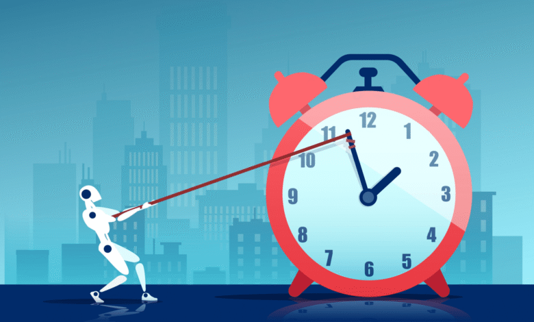 A white modern robot pulls a rope attached to a clock hand against a city background