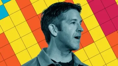 Profile illustration of Apple executive John Ternus against a vibrant, gridded background.