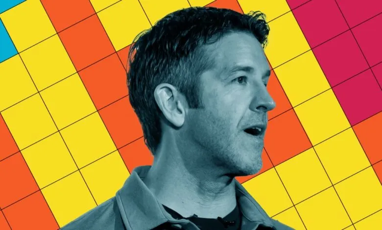 Profile illustration of Apple executive John Ternus against a vibrant, gridded background.
