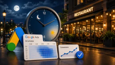 A large clock, Google Ads logo, ad schedule, and conversion graph set against a restaurant at night.
