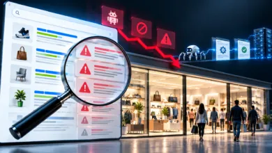 A magnifying glass and a red down arrow highlighting search penalties over a shopping district