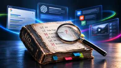 An old SEO Rulebook with a magnifying glass over a checklist and digital marketing interfaces floating behind.