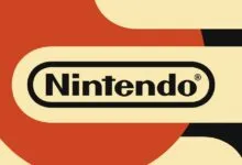 Classic Nintendo logo centered within a pill-shaped border against abstract red and cream background