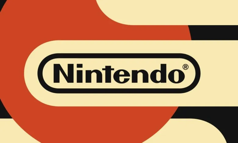 Classic Nintendo logo centered within a pill-shaped border against abstract red and cream background