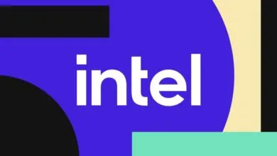 White Intel logo centered over abstract geometric shapes in blue, black, beige, and turquoise.