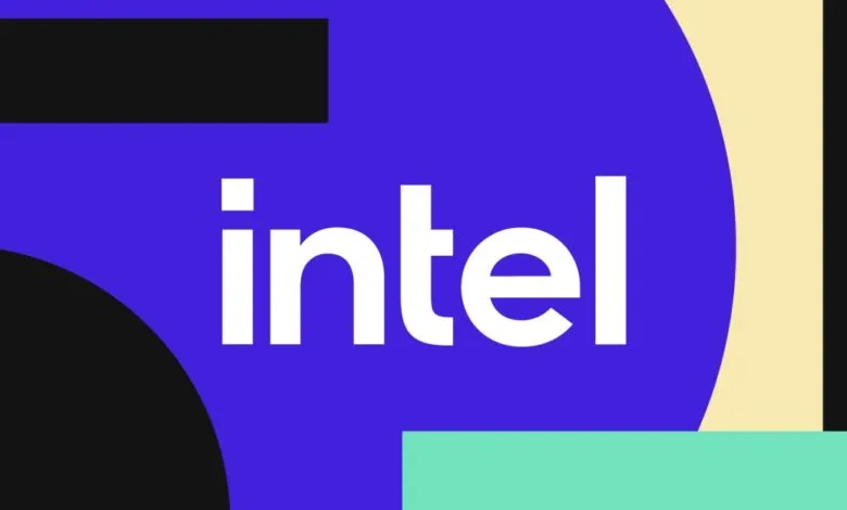 White Intel logo centered over abstract geometric shapes in blue, black, beige, and turquoise.