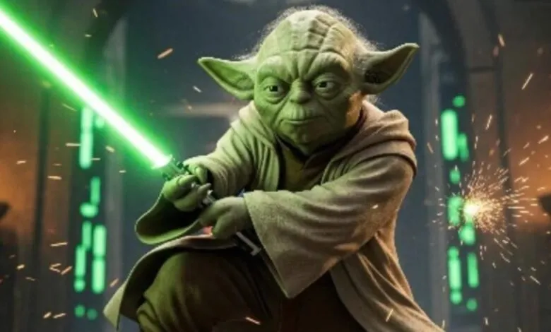 Yoda holding a glowing green lightsaber in a combat stance amid flying sparks.