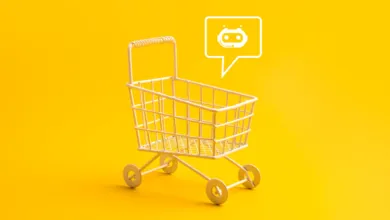Miniature white shopping cart on a vibrant yellow background with an AI robot icon floating above