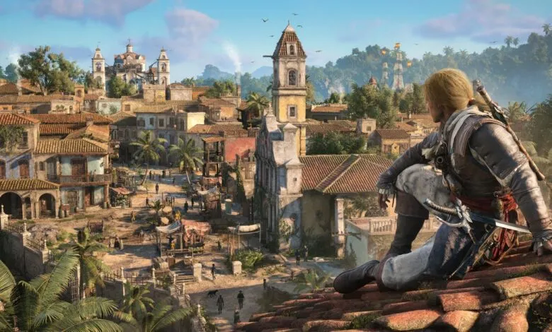 Edward Kenway overlooking a vibrant Caribbean colonial town from a terracotta rooftop in Assassin's Creed.