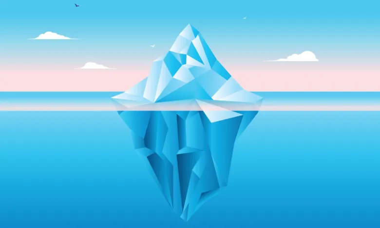 Digital illustration of a geometric low-poly iceberg floating in bright blue ocean water.