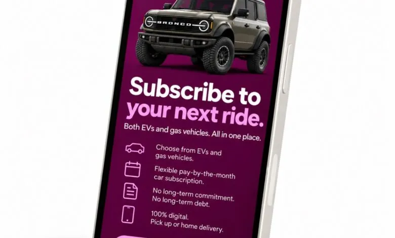 Smartphone displaying the Autonomy app with a Ford Bronco and car subscription details.
