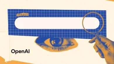 Retro style illustration featuring an eye behind a blue search bar and a hand holding a magnifying glass.