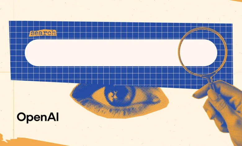Retro style illustration featuring an eye behind a blue search bar and a hand holding a magnifying glass.