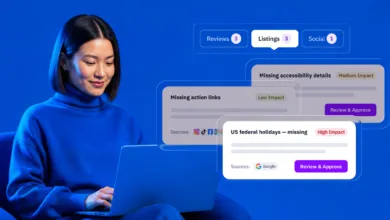 Asian woman using a laptop against a blue background with digital dashboard UI elements.