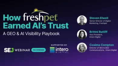 Freshpet webinar slide on AI visibility featuring speakers Steven Elwell, Brittni Ratliff, and Cosima Compton.