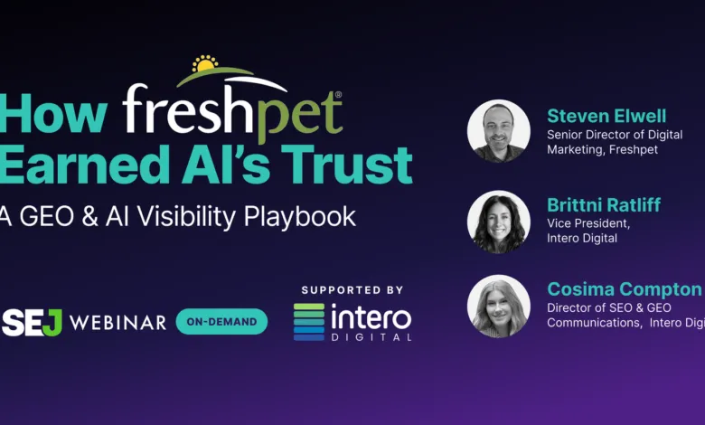 Freshpet webinar slide on AI visibility featuring speakers Steven Elwell, Brittni Ratliff, and Cosima Compton.