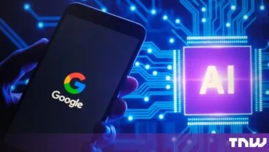 Hand holding smartphone with Google logo against a glowing blue AI circuit board background