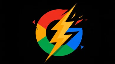 A stylized Google logo in red, yellow, green, and blue shattered by a glowing yellow lightning bolt.