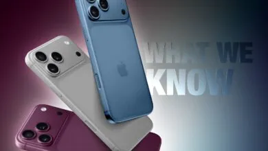 Three smartphone concepts in blue, silver, and purple against a gradient background.