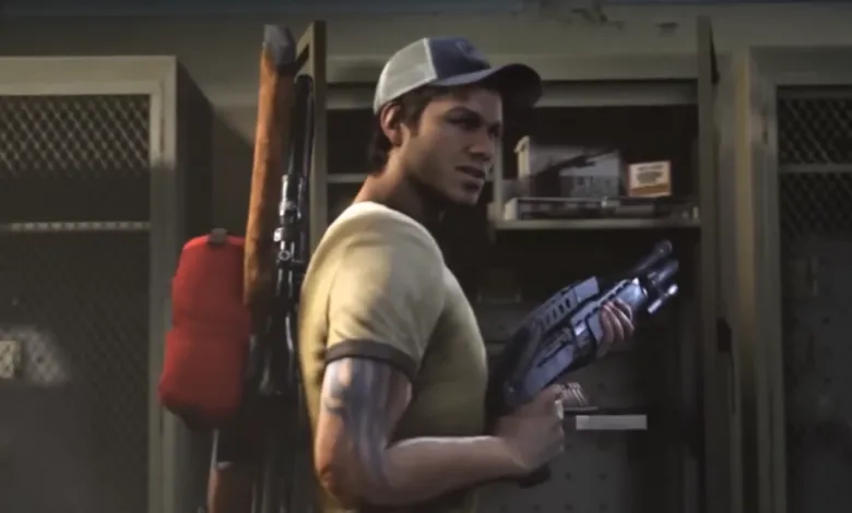 Ellis from Left 4 Dead 2 holding a shotgun inside a locker room