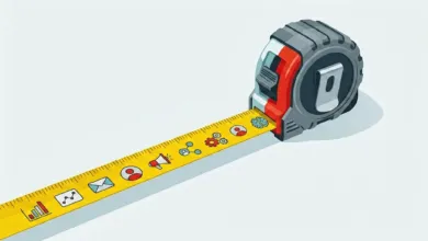 An illustration of a tape measure with marketing icons on the yellow tape against a light background.