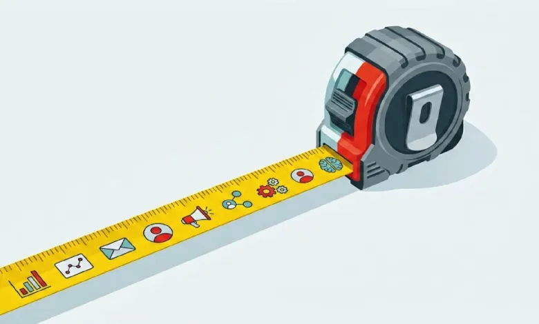 An illustration of a tape measure with marketing icons on the yellow tape against a light background.