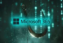 A metallic fishhook hanging against a glowing digital background with binary code and the Microsoft 365 logo
