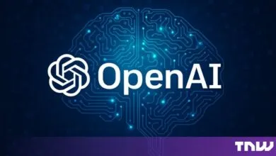 OpenAI logo and text against a glowing blue circuit board brain graphic