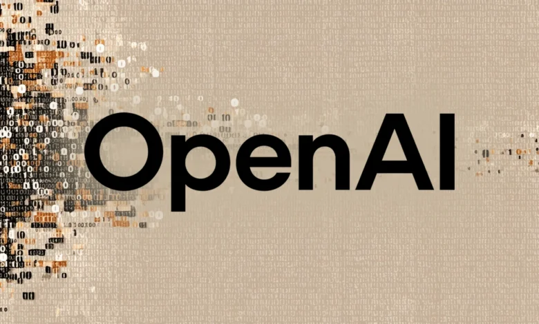 OpenAI logo centered on a textured digital background of binary code and data patterns.