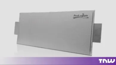 Sleek metallic ProLogium solid-state battery cell with tabs on sides against neutral background.