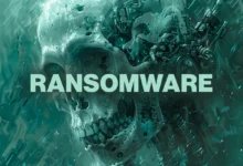 Cyborg skull merges with mechanical parts under the bold text RANSOMWARE, bathed in a menacing teal light.
