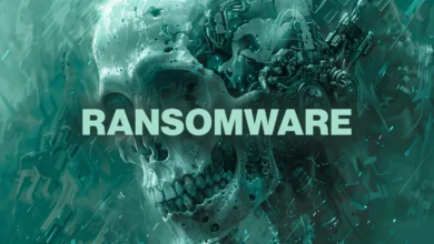 Cyborg skull merges with mechanical parts under the bold text RANSOMWARE, bathed in a menacing teal light.