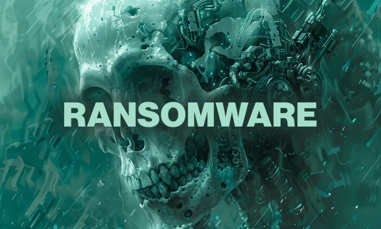 Cyborg skull merges with mechanical parts under the bold text RANSOMWARE, bathed in a menacing teal light.