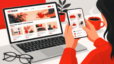A woman shopping online using a laptop and mobile phone with red accents.