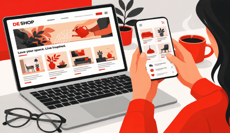 A woman shopping online using a laptop and mobile phone with red accents.
