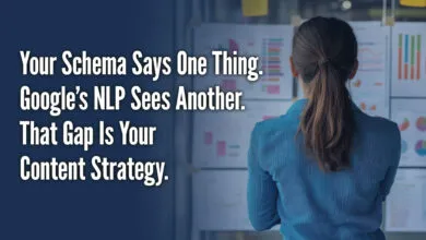 A woman looks at charts with text about schema and Google NLP content strategy overlayed.