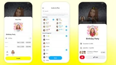 Three smartphone screens displaying Snapchat's Plans feature for creating events and inviting friends.