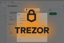 Trezor Suite interface showing a Bitcoin transaction confirmation screen with a lock icon
