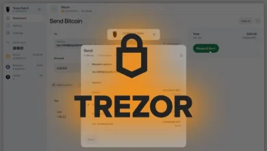 Trezor Suite interface showing a Bitcoin transaction confirmation screen with a lock icon