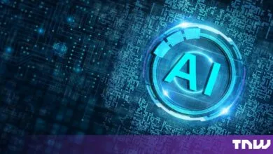 Glowing blue AI icon on a dark background with digital circuit board patterns.