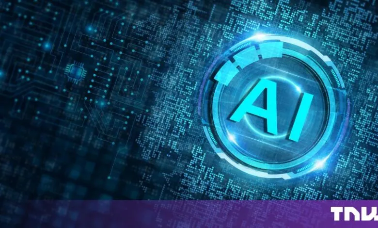 Glowing blue AI icon on a dark background with digital circuit board patterns.