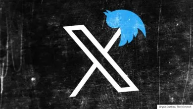 The white X logo impales the blue Twitter bird on a dark, scratched background.