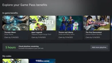 Xbox dashboard displaying Game Pass perks and cloud playtime balance of 5 hours.