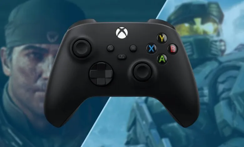 A black Xbox Series X|S controller centered against a split background of Gears of War and Halo