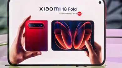 Promotional display for the Xiaomi 18 Fold smartphone, showing the red device folded and unfolded.