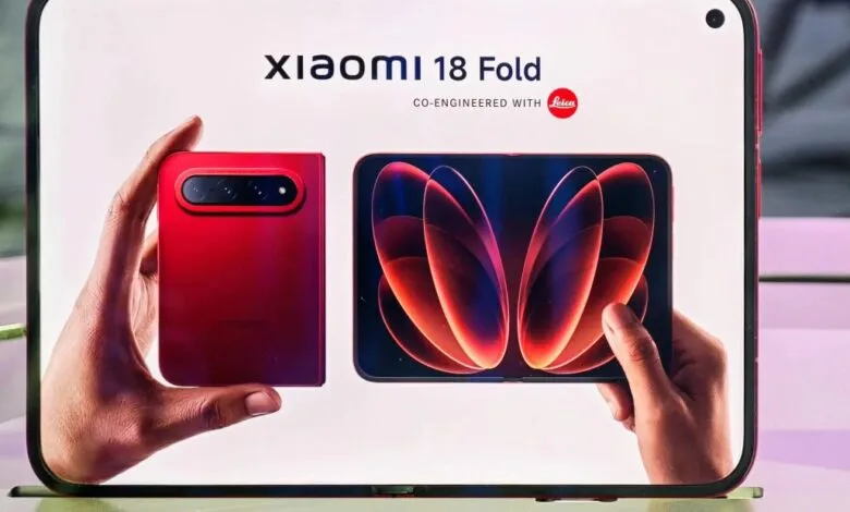 Promotional display for the Xiaomi 18 Fold smartphone, showing the red device folded and unfolded.
