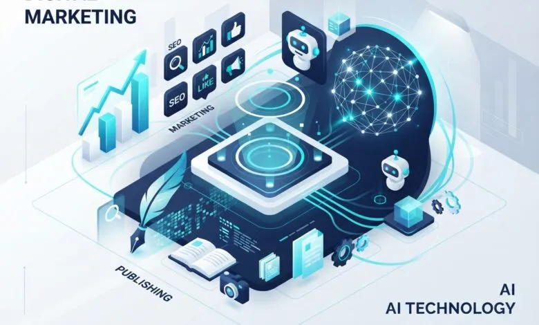 Isometric digital marketing and AI technology graphic with glowing blue icons and charts