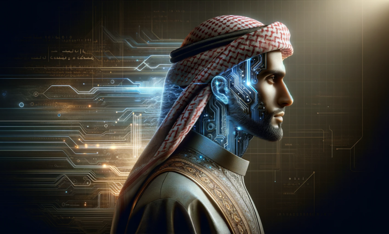 Man in traditional Middle Eastern attire with a futuristic circuit board overlay on his face.